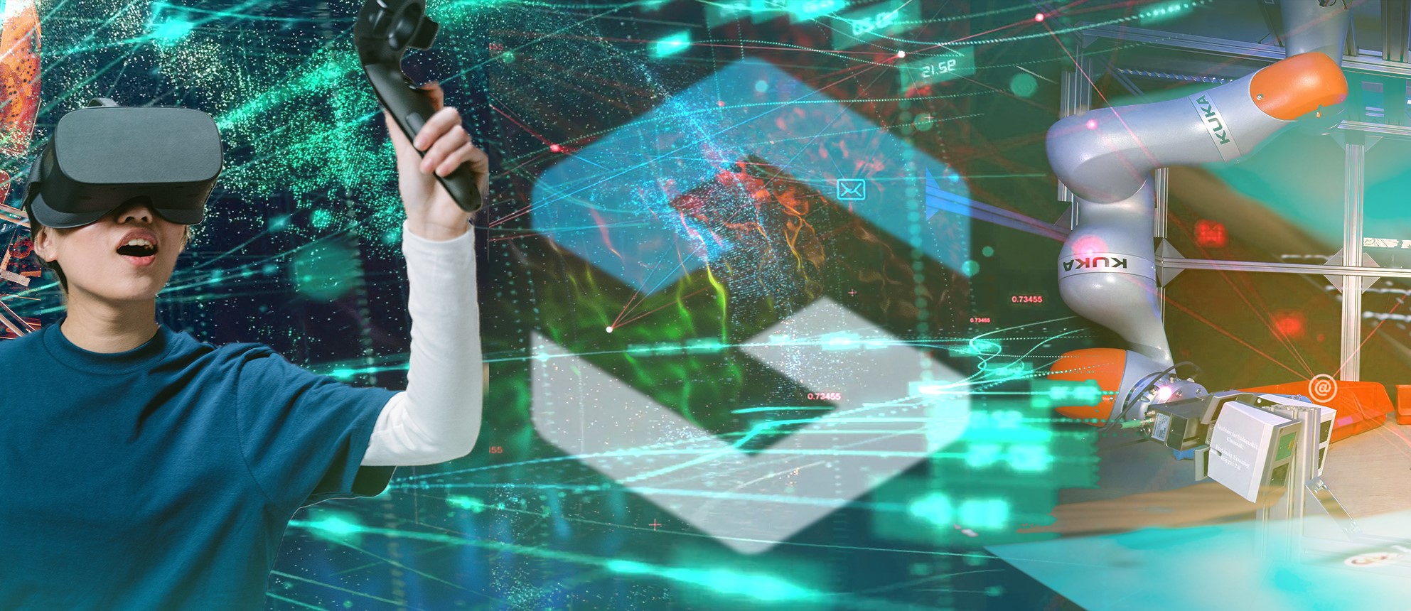 Das Hybrid Societies Logo mittig. Links ein Junge bei einem VR-Spiel. Rechts ein Roboter-Arm.