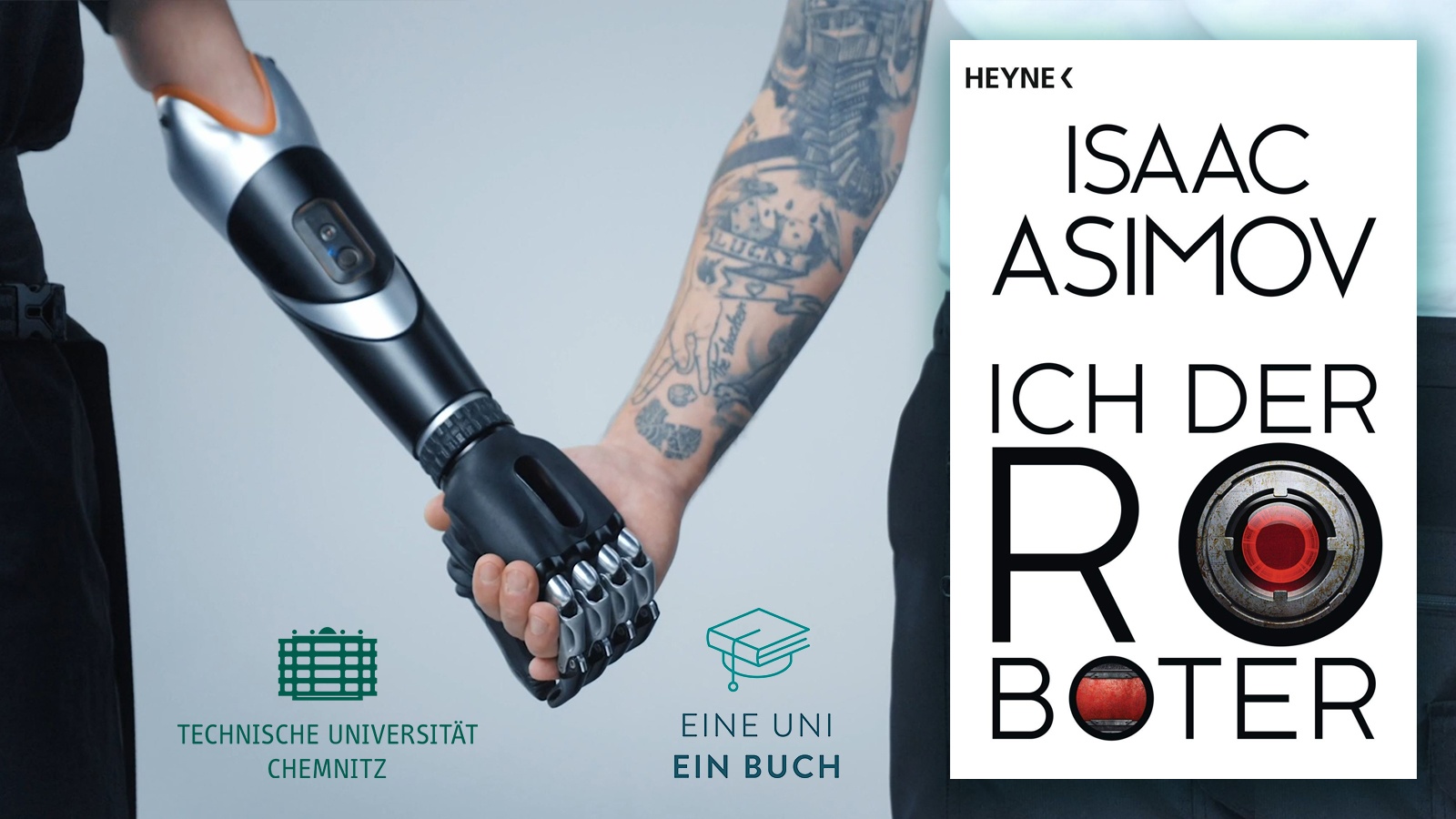 Armprothese und anderer Arm Hände haltend, Buchcover "Ich der Roboter" von Isaac Asimov