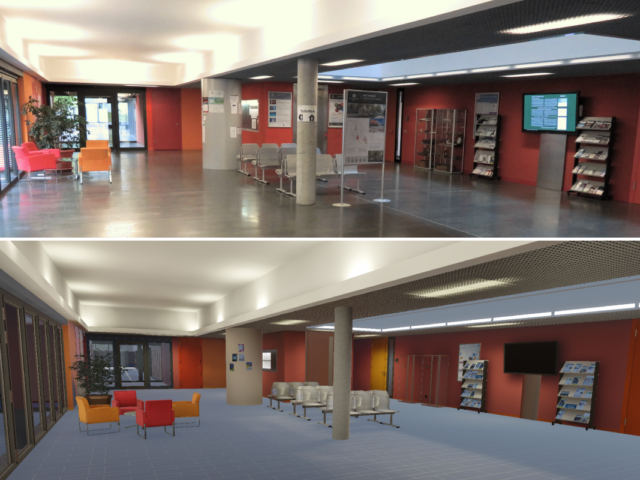 Foyer des Instituts für Physik; oben ein Foto, unten ein Screenshot der Virtuellen Realität