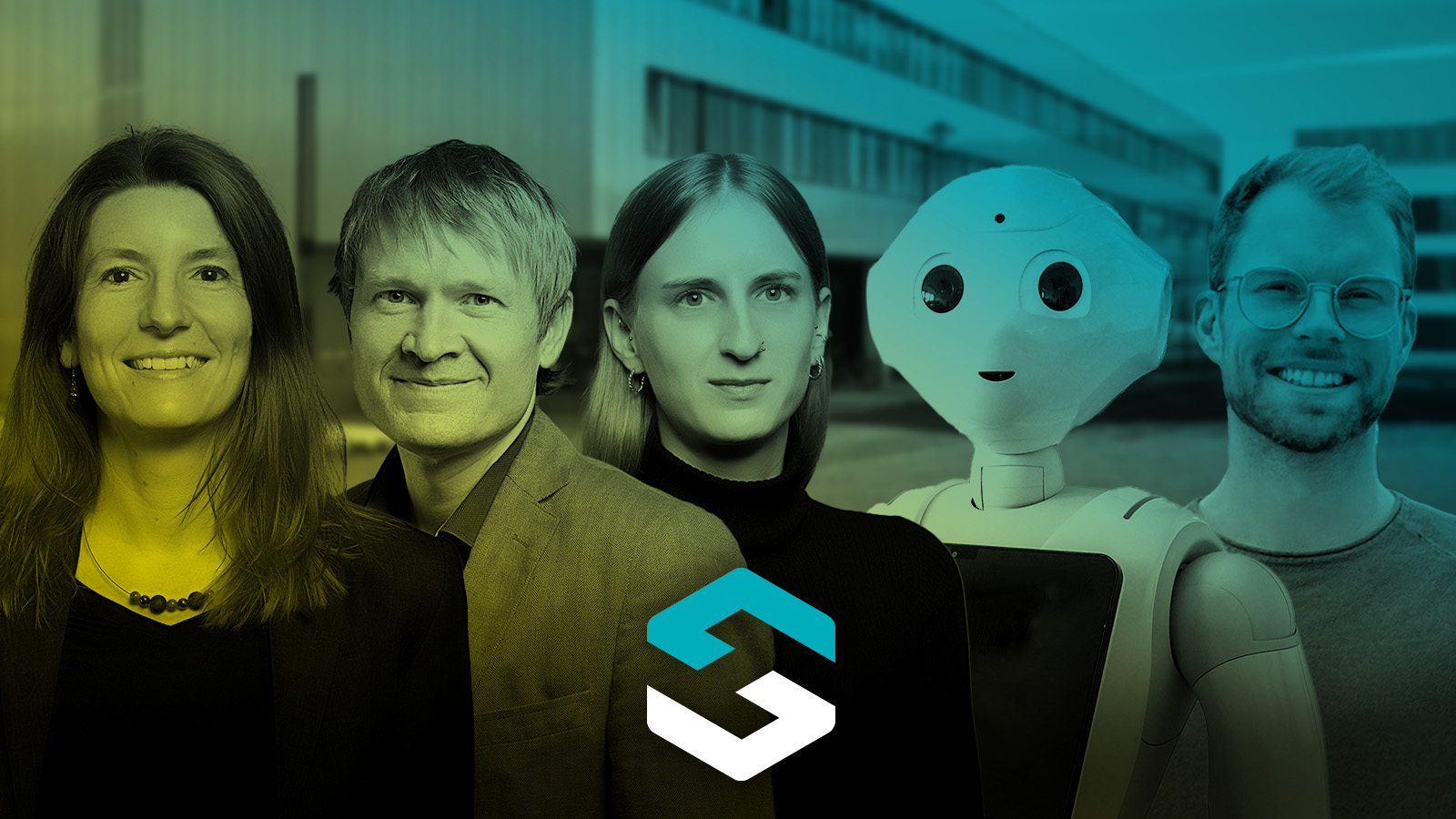 Prof. Alexandra Bendixen, Dr. Phillip Klimant, Sabrina Tietz, Pepper the robot, and Sebastian Jansen
